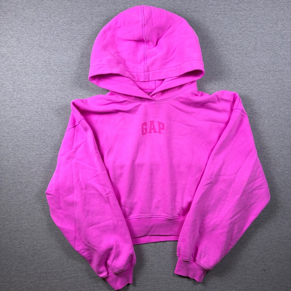 GAP Hoodie Womens M Pink Logo Spellout Pullover Cropped Graphic Fleece